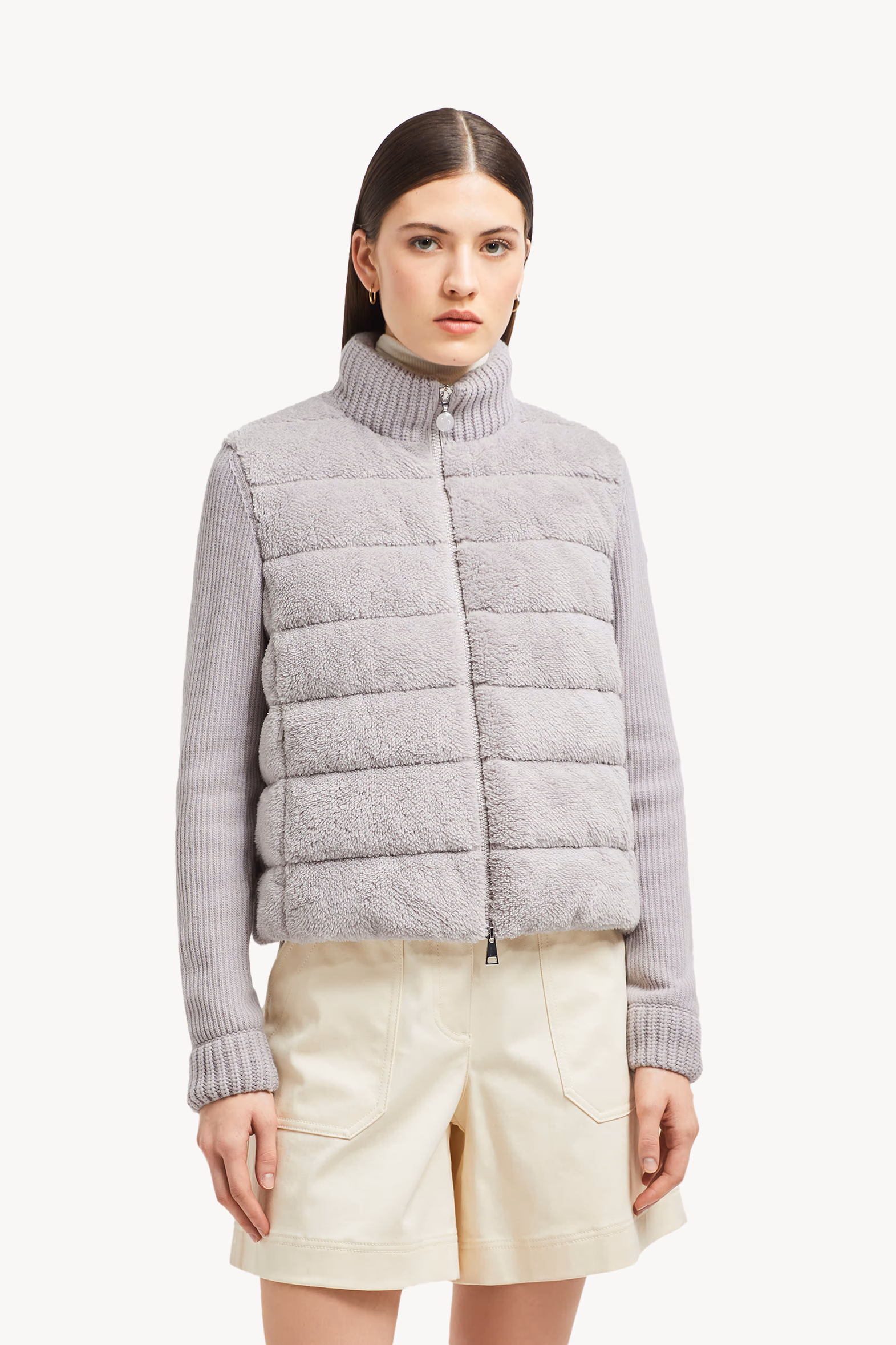 Cárdigan con cremallera acolchado de lana y tejido efecto peluche Mujer Gris Moncler 3